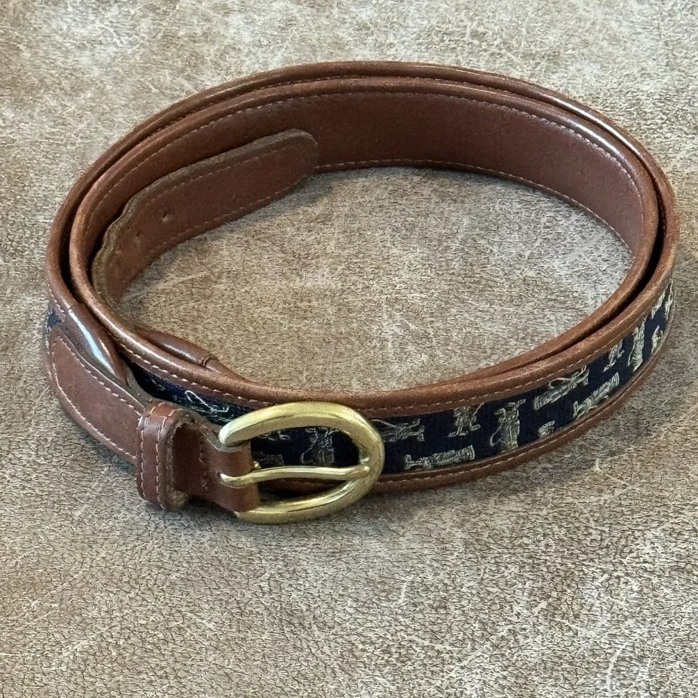 Brooks Brothers Golf Print Leather Canvas Belt Solid Brass Buckle Brown 42